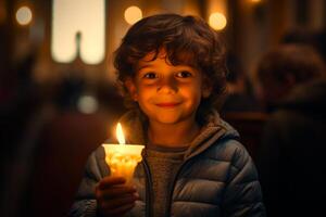 AI generated Kid holding lit candle with awe in eyes, in church setting. Light casting soft glow on his face. Suitable for Easter festive celebrations, religious event programs, spiritual blogs photo