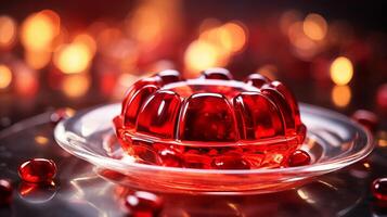 AI generated Vibrant red jelly on a plate with bokeh lights in the background. Sweet fruit dessert. For use in food blogs, catering services, recipe books, dessert menus, festive food promotions photo