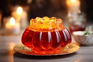 AI generated Orange jelly on a plate with bokeh lights in the background. Sweet fruit dessert. For use in food blogs, catering services, recipe books, dessert menus, festive food promotions photo