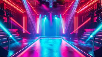 AI generated Bright Modern futuristic concert stage with dynamic neon red blue illumination. Modern Night Club. Concept of virtual reality events, futuristic concerts, and high tech stage design photo