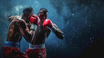 ai generado dos africano americano boxeadores en un anillo, uno aterrizaje un puñetazo. intenso boxeo partido momento. Copiar espacio. concepto de atlético competencia, el poder de deporte, y el pico acción de boxeo. foto