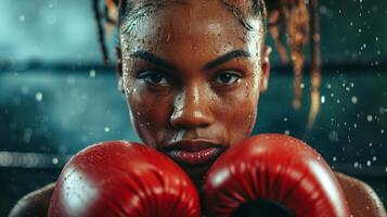 AI generated African American confident female boxer with red boxing gloves in boxing ring. Close up. Concept of female strength, combat training, and athletic discipline. photo