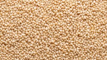 AI generated Top view of White sesame seeds. Background texture of raw White sesame seeds. Superfood. Copy space. Banner. Culinary and food concepts photo