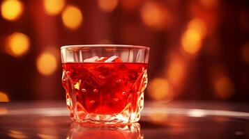 AI generated Crimson gelatin in a textured glass against a blurred light backdrop. Ideal for culinary blogs, party food articles, dessert advertisements photo