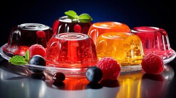 AI generated Red and orange jelly desserts with berries, served on clear plates. For use in nutritional guides, food blogs, catering services, recipe books, and dessert menus. Dark background. photo