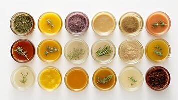 AI generated Set of organic natural balms and ointments with plant ingredients in open glass jars on a white background. Top view. Concept of herbal care, organic salves, natural remedy assortment, photo