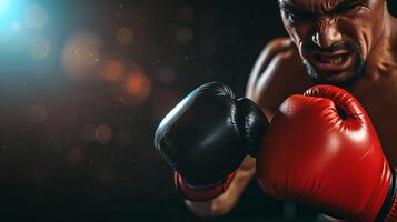 AI generated Fierce boxer in action with black and red gloves, determined expression, bokeh lights background. Close-up.Copy space. Concept of strength, determination, and the spirit of photo