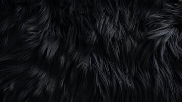 AI generated Deep black luxurious fur texture. Fur of black cat, puma, panther, fox, arctic fox, dog, bear. Animal skin design. Concept of luxury, softness, coziness fashion background monochrome photo