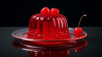 AI generated Vibrant red jelly served on a glass dish, adorned with cherries. Sweet fruit dessert. For use in culinary websites, food blogs, catering services, recipe books, and dessert menus photo