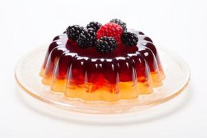 AI generated Jelly adorned with strawberries and blackberries. Isolated on white background. Sweet fruit dessert. For use in culinary websites, food blogs, catering services, recipe books photo