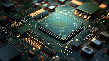 AI generated Close-up of a computer motherboard, showcasing intricate chip design. Computer chip, semiconductor, data abstraction. Electronic board. Useful for for tech industry marketing photo