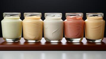 AI generated Organic open cosmetic jars with range of colors on light background. Concept of cosmetics assortment, skincare, facial and body creams, and beauty product display photo