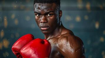 ai generado africano americano Boxer con rojo guantes y intenso mirada orientado arriba para boxeo. concepto de atlético determinación, combate Deportes, enfocado capacitación, y boxeo disciplina foto