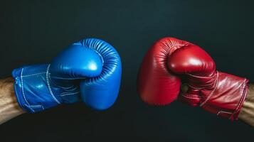AI generated Impact moment between red and blue boxing gloves, dynamic moment. Fist bump. Dark background. Concept of competition, opposing forces, training, sport competition, and the dynamic nature photo