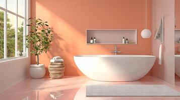 AI generated Contemporary trendy Peach bathroom setup in sunlight. Minimalist style. Perfect for architectural digest content, interior design, luxury home marketing, home decor. photo