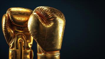 ai generado par de dorado boxeo guantes reflejando ligero en contra oscuro antecedentes. concepto de victoria y éxito en Deportes, excelencia y prestigio en combate Deportes, el seducir de gama alta foto