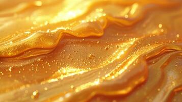 AI generated Close-up of flowing golden and amber acrylic paint with glitter details and fluid patterns. Concept of abstract art, luxury textures, fluid painting, golden aesthetics photo