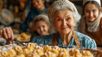 ai generado mayor mujer con un Pañuelo con oriental postres y su sonriente nietos en el antecedentes. concepto de familia unión, generacional Cocinando tradiciones, foto