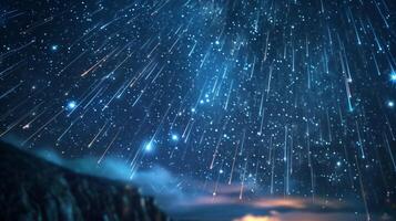 AI generated Meteor shower against the backdrop of a star-filled sky, capturing bright trails of shooting stars. Concept of astronomy, cosmos, space exploration, stargazing photo