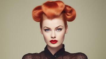 AI generated Redhead Woman with styled hair with victory rolls in vintage fashion style. For use in beauty tutorials, retro fashion spreads, hair styling guides and makeup artistry photo