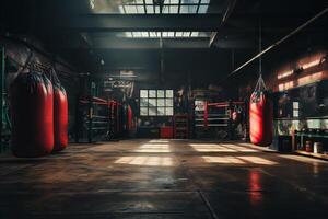 ai generado boxeo gimnasio interior con múltiple colgando puñetazos pantalones y equipo. concepto de aptitud centro, boxeo formación ambiente, Deportes instalación, y atlético gimnasio interior, foto