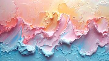 AI generated Abstract textured smears of oil paint with soft peach, pink and blue pastel tones. Concept of artistic backdrop, color blending, calming background. photo