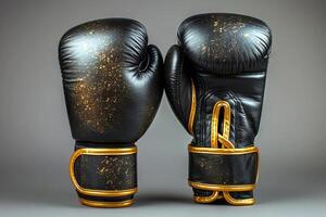 ai generado negro boxeo guantes con oro motas y podar en un gris antecedentes. concepto de boxeo engranaje, atlético formación equipo, y elegante Deportes accesorios foto