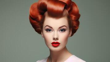 AI generated Redhead Woman with styled hair with victory rolls in vintage fashion style. For use in beauty tutorials, retro fashion spreads, hair styling guides, and makeup artistry photo