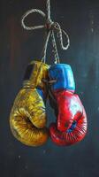 AI generated Pair of old colorful boxing gloves hang side by side against a dark background. Concept of Sports, Competition, Endurance, Passage of Time photo