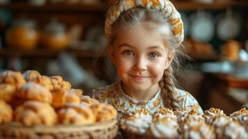 AI generated A young girl with a headband smiles in front of a display of pastries. Concept of childhood joy, bakery delights, sweet tooth moments, and playful innocence photo