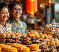 AI generated An assortment of pastries is displayed on a counter, attended by two Asian women in a cozy, warmly lit environment. Concept of Pastry Display, Bakery Shop Interior, Confectionery Sale. photo