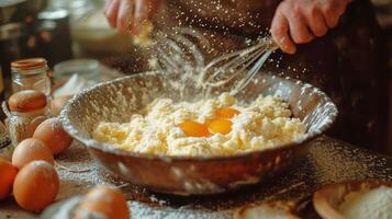 ai generado manos batir huevos con harina en un rústico cocina ajuste. concepto de hecho en casa cocinando, horneando ingredientes preparación, rústico cocina ambiente, y las manos en culinario actividad foto