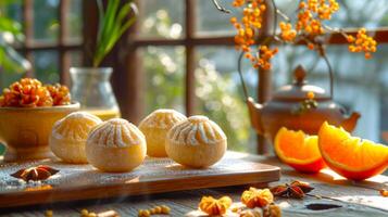 AI generated Sweet dusted pastries on a rustic table accented by vibrant orange slices and a teapot. Concept of cozy afternoon tea, homemade pastry delight, sunny kitchen tranquility, photo