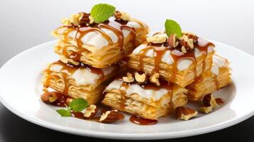 AI generated Turkish dessert baklava with honey glaze and nuts. Concept of Mediterranean desserts, sweet pastry indulgence, oriental sweets, and traditional gourmet treat photo