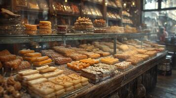 AI generated Traditional Eastern sweets in old-fashioned bazaar setting 20th-century. Vintage style with sepia tone. Concept of vintage candy store, nostalgic sweets assortment, antique shop ambiance photo