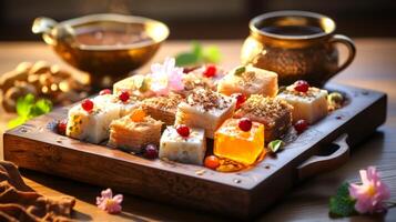 AI generated Eastern sweets made with organic ingredients, presented on a wooden table with natural light, emphasizing a healthy and eco-friendly vibe photo