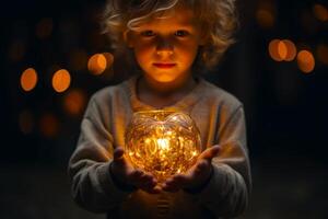 AI generated Child holding in hands glowing candle with a blurred bokeh background. Magical atmosphere. Suitable for holiday themes, Easter celebrations, religious, spiritual content, photo