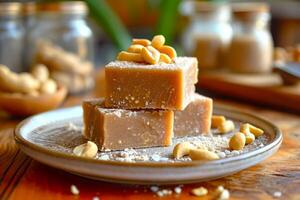 AI generated Peanut halva sprinkled with crushed peanuts and sugar on a plate. Traditional oriental sweets. Concept of homemade confectionery, nutty fudge treats, artisanal dessert crafting photo