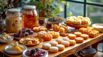 AI generated Assortment of traditional Chinese mooncakes and sweets on wooden table. Concept of Mid-Autumn Festival treats, Chinese pastry selection, traditional festive delicacies photo