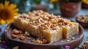 AI generated Sunflower halva sprinkled with crushed nuts and seeds. Traditional oriental sweets. Concept of homemade confectionery, nutty fudge treats, artisanal dessert crafting, and sweet indulgence photo