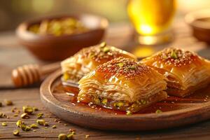 AI generated Baklava with pistachios and honey on wooden plate. Concept of Mediterranean dessert, sweet pastry indulgence, oriental sweets, and traditional gourmet treat photo