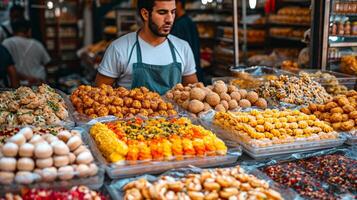 AI generated A street vendor in an Eastern market, offering a selection of homemade sweets and delicacies. Vibrant and bustling atmosphere. Concept of local market trade, small business ownership. photo