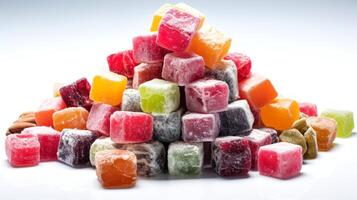 AI generated Multi-colored Turkish delight Rahat Lokum assortment, isolated on white background. Delicious oriental sweets photo