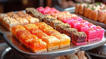 AI generated Display of various Middle Eastern sweets like baklava and Turkish delight, arranged elegantly on an silver platter, natural lighting emphasizing the textures and colors. photo