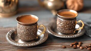 ai generado tradicional turco café en metal tradicional florido tazas rodeado por dispersado café frijoles en un de madera superficie foto