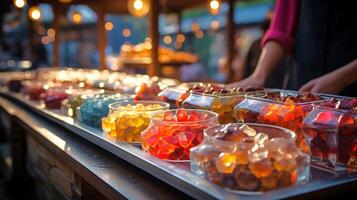 AI generated Assorted candies displayed in clear jars on a market stall with warm bokeh lighting. Concept of sweet treats display, outdoor market vending, colorful candy assortment, and festive photo