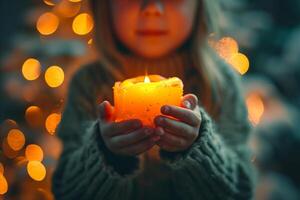 AI generated Kid holding in hands glowing candle with a blurred bokeh background. Magical atmosphere. Suitable for holiday themes, Easter celebrations, religious, spiritual content, or candle safety photo