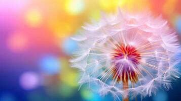 AI generated Fluffy Dandelion seed head with a colorful bokeh background. Concept of multicolored backdrop, serene and calmness, beauty of nature, rainbow cheerful shades. photo