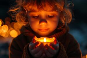 AI generated Kid holding in hands glowing candle with blurred bokeh background. Magical atmosphere. Suitable for holiday themes, Easter celebrations, religious, spiritual content, photo
