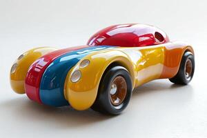 AI generated Futuristic rainbow sport toy car on light background. Cartoonish vehicle designed for children. Concept of kids friendly toys, playful designs, transport-themed playthings photo